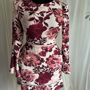 Charles Henry Burgundy Floral Midi Dress